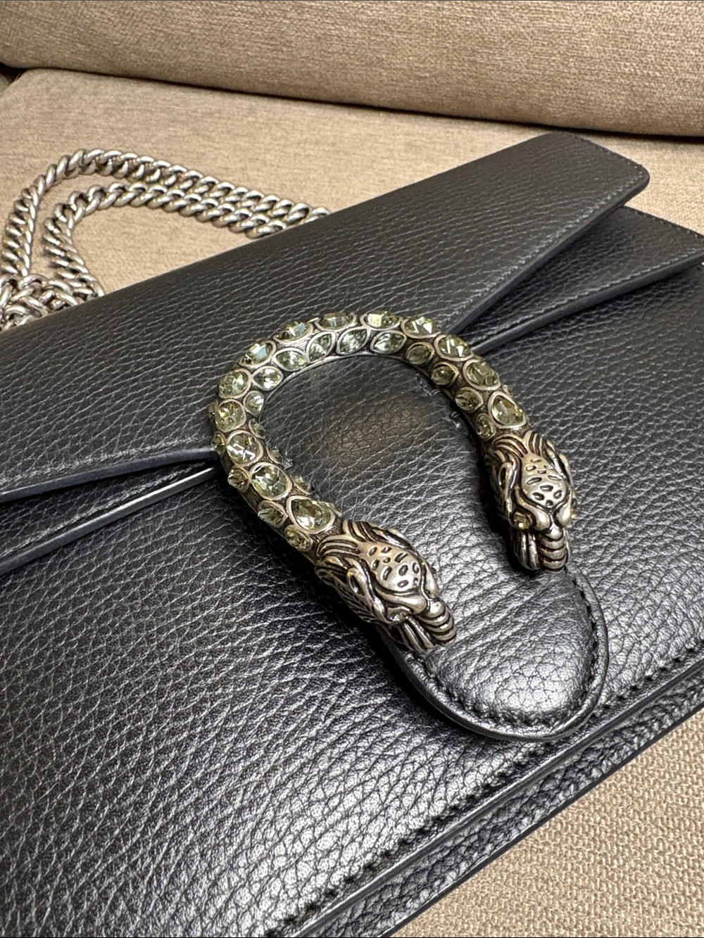 Gucci Dionysus Black Leather Shoulder Bag Cyrstal Tiger Head Clasp - Picture 12 of 16